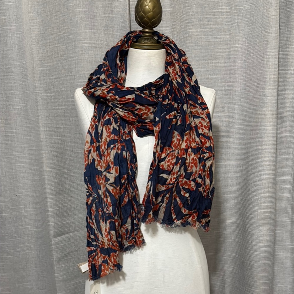 NWT-Banana Republic Scarf-Manray Hotel-Red/Navy-Polyester-Crinkle-Raw Edge - Picture 3 of 13